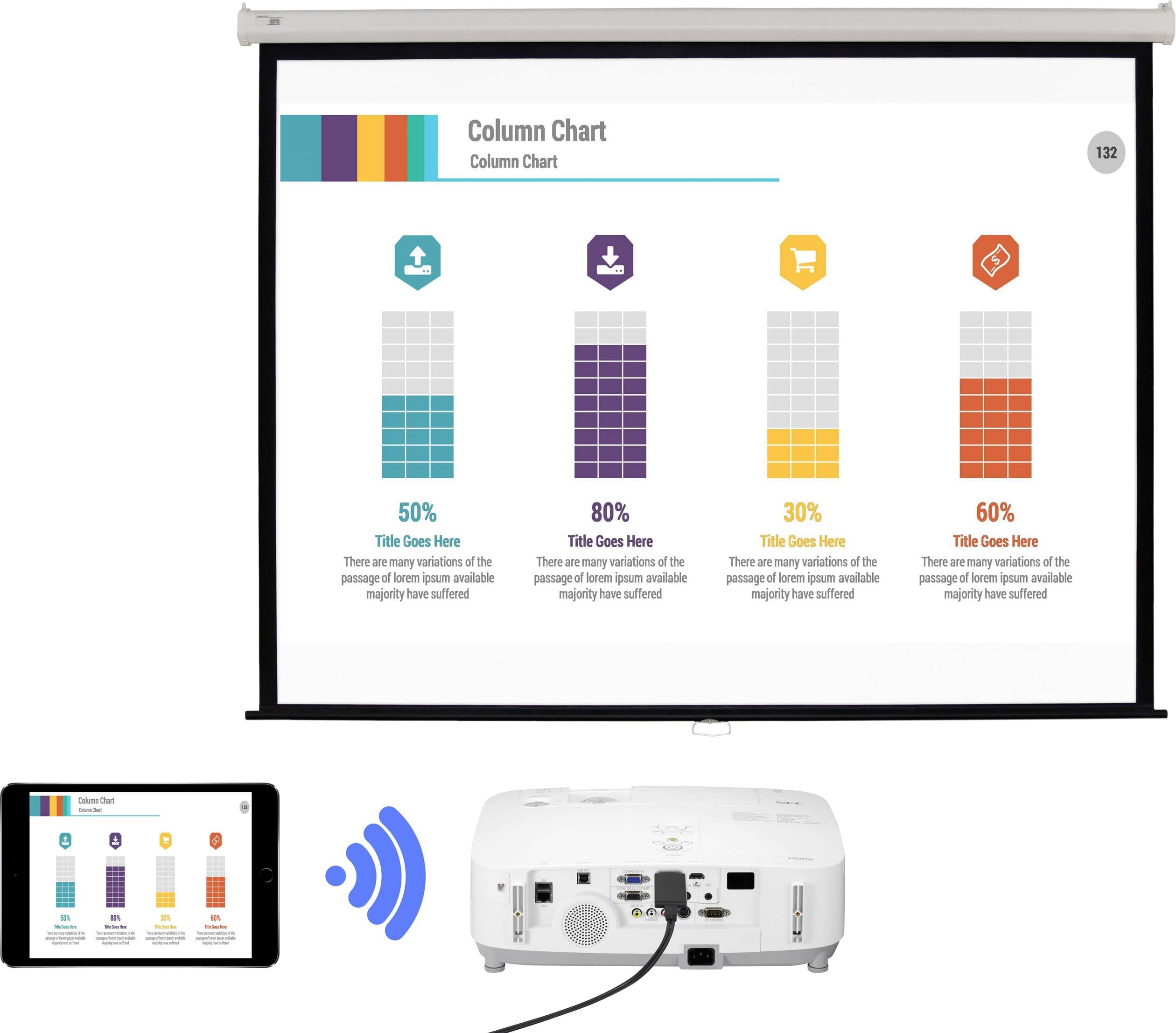 Wykres słupkowy z czterema kolorowymi słupkami, pokazujący różne wartości procentowe (50%, 80%, 30%, 60%). Projektor wyświetla obraz.