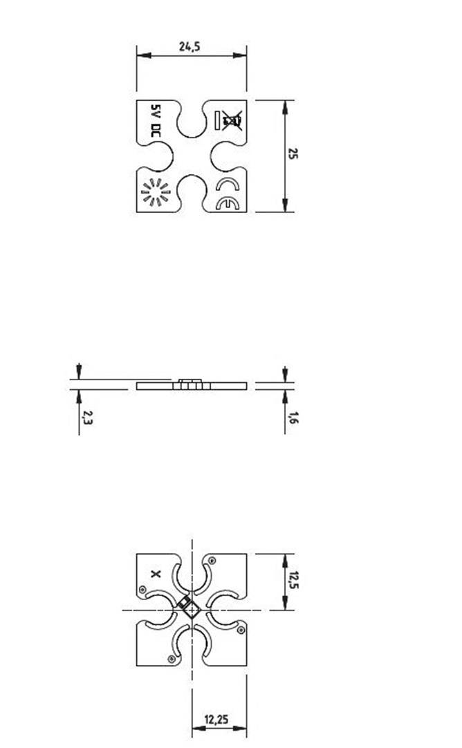 Rysunek techniczny elementu mechanicznego z wymiarami: szerokość 24,5 mm, wysokość 25 mm, grubość 1,6 mm. Przedstawia symbole rozruchu i pozycji kątowych.