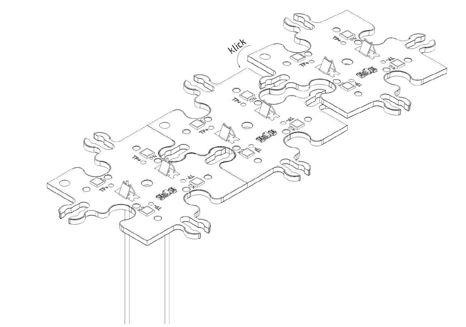Rysunek techniczny modułowego obwodu elektronicznego z wieloma połączonymi płytkami drukowanymi. Komponenty i połączenia są widoczne.