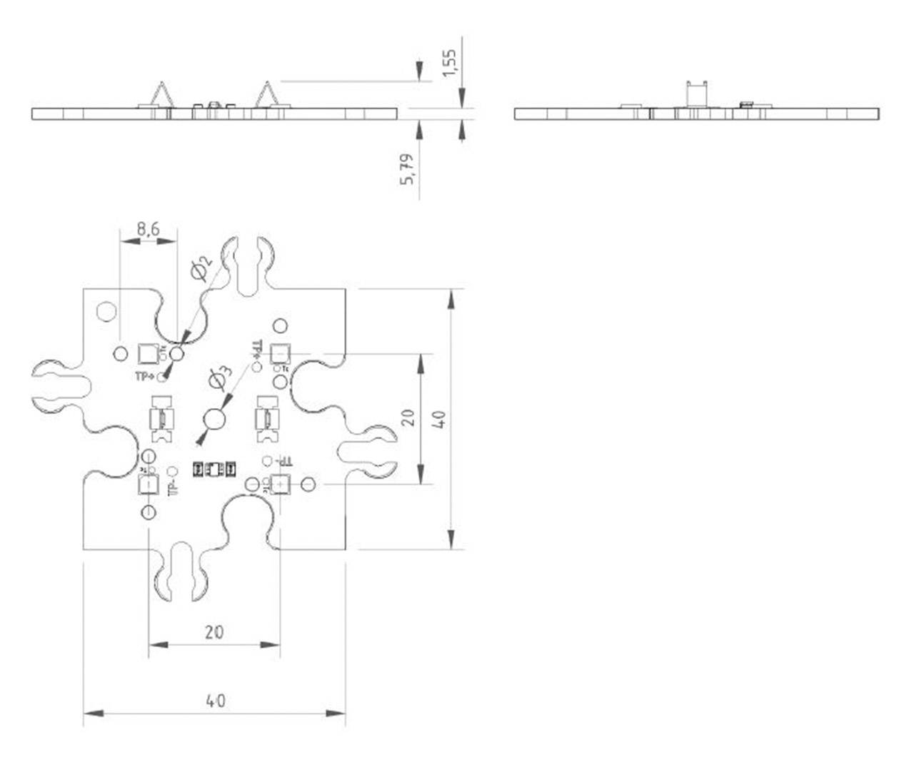 Rysunek techniczny kwadratowej płytki drukowanej z wymiarami i widokiem komponentów, przedstawiający główne wymiary oraz rozmieszczenie elementów.