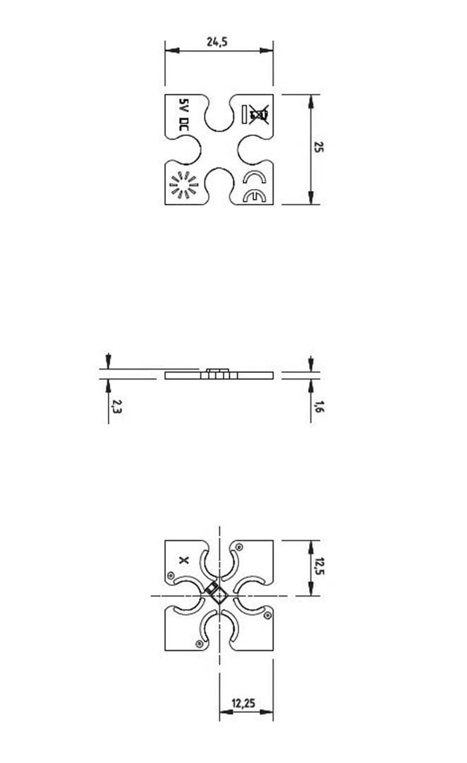 Rysunek techniczny elementu mechanicznego o wymiarach 24,5 x 25 x 18 mm, przedstawiający widoki z góry, z boku i z przodu.