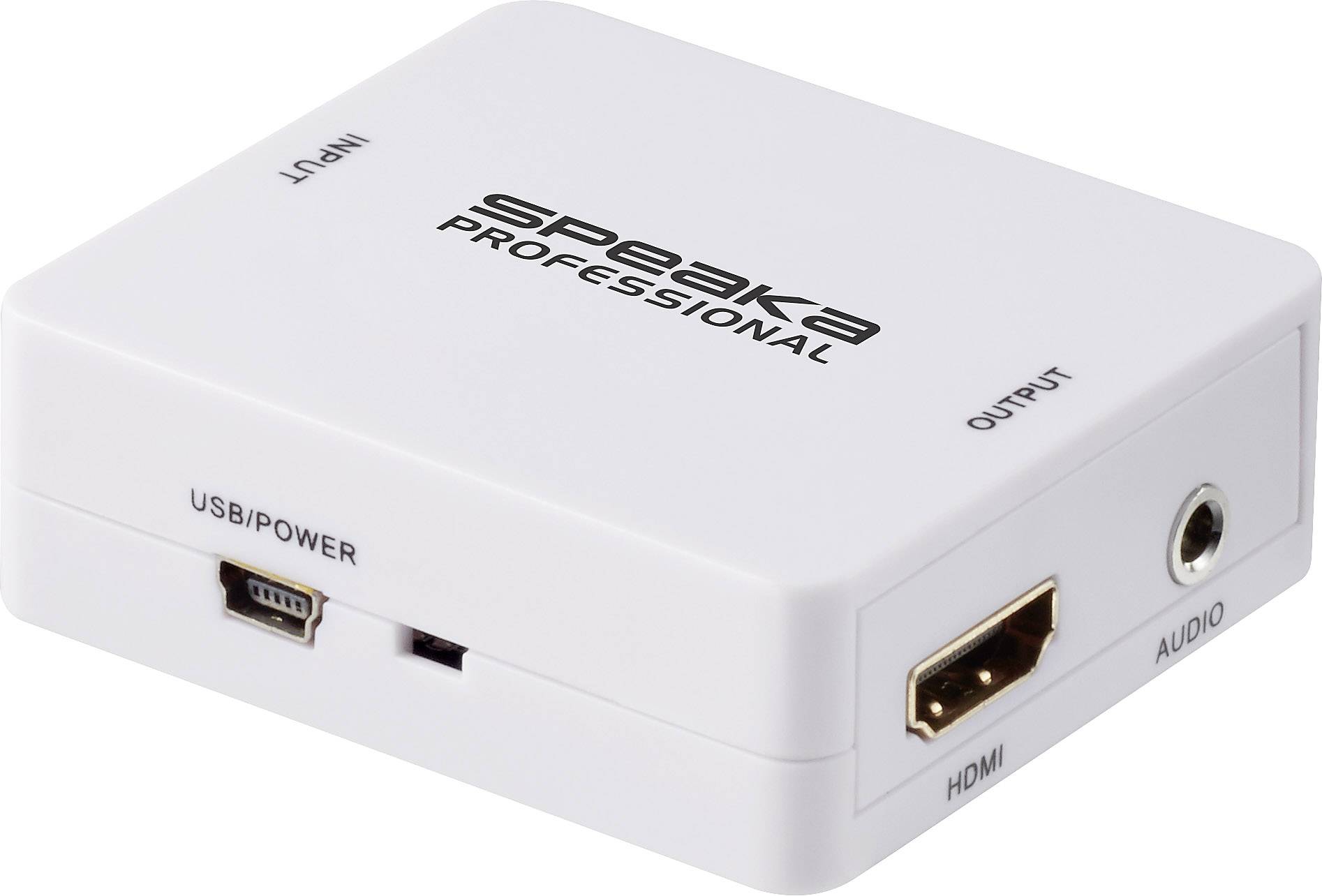 Biały adapter firmy 'Speaka Professional' z wyjściem HDMI, gniazdem audio oraz wejściem USB, oznaczony etykietami 'INPUT' i 'OUTPUT'.