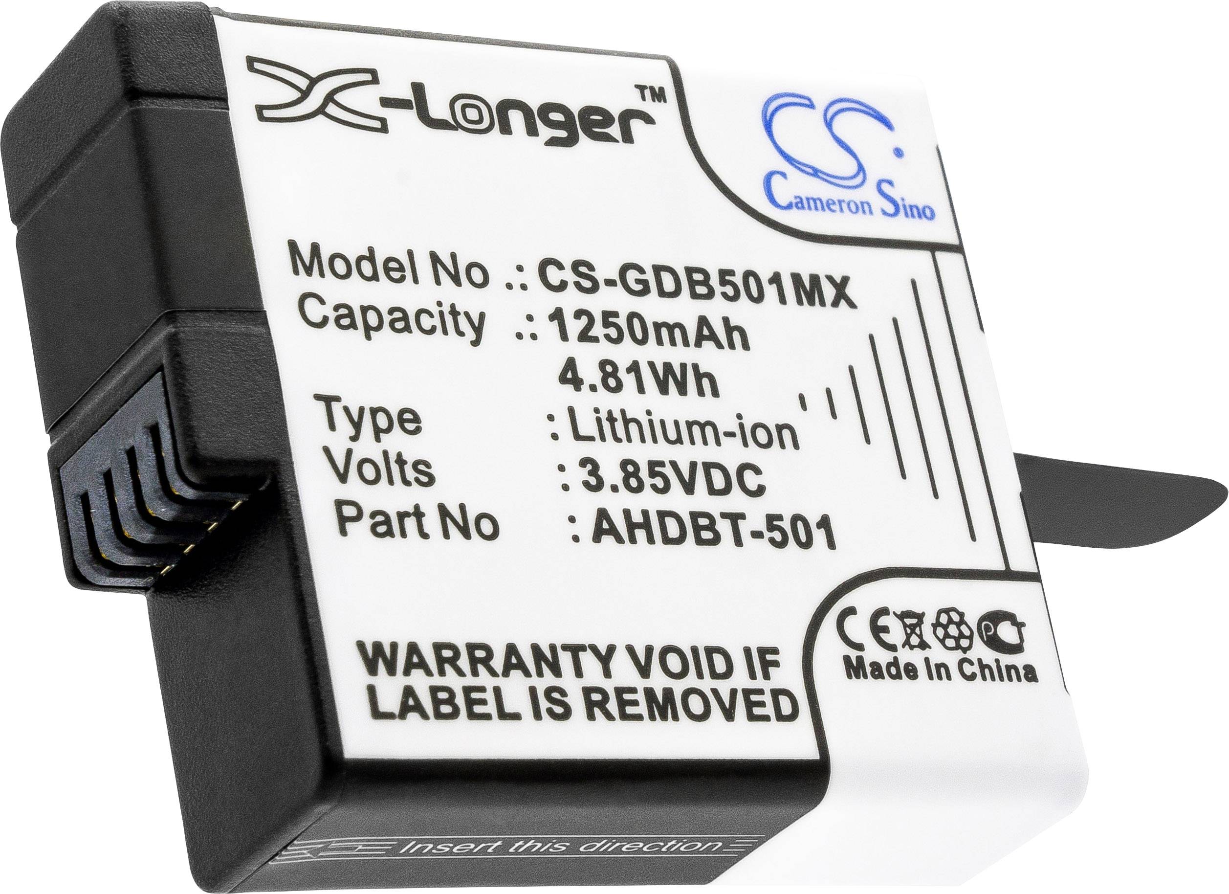 Etykieta baterii z napisem: 'Numer modelu: CS-GDB501MX, Pojemność: 1250 mAh, 4,81 Wh, Typ: Litowo-jonowa, Napięcie: 3,85 VDC, Wyprodukowano w Chinach'.