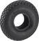 Czarny gumowy opona o grubym bieżniku, odpowiednia do małych pojazdów lub maszyn.