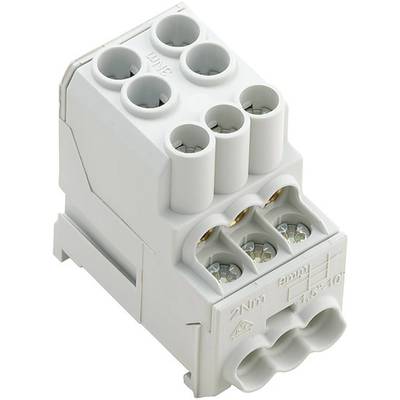 Wielobiegunowy, biały elektryczny złącz wtykowy z zaciskami śrubowymi, przystosowany do montażu na szynie DIN, przeznaczony do bezpiecznego prowadzenia przewodów.