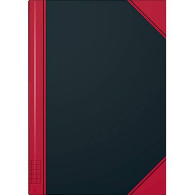 Czarny notes z czerwonymi rogami i czerwonym grzbietem leży płasko, widoczny jest wzór kratki na grzbiecie.