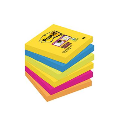 Stos kolorowych karteczek samoprzylepnych w kolorach żółtym, niebieskim, zielonym, różowym i pomarańczowym, ułożonych jedna na drugiej. Nazwa marki 'Post-it' na górnej karteczce.