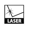 Znak ostrzegawczy promieniowania laserowego z gwiazdą, wiązką lasera i napisem 'LASER' wielkimi literami poniżej.