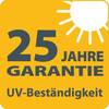 '25 lat gwarancji odporności na promieniowanie UV' na żółtym tle z symbolem słońca w górnym prawym rogu.