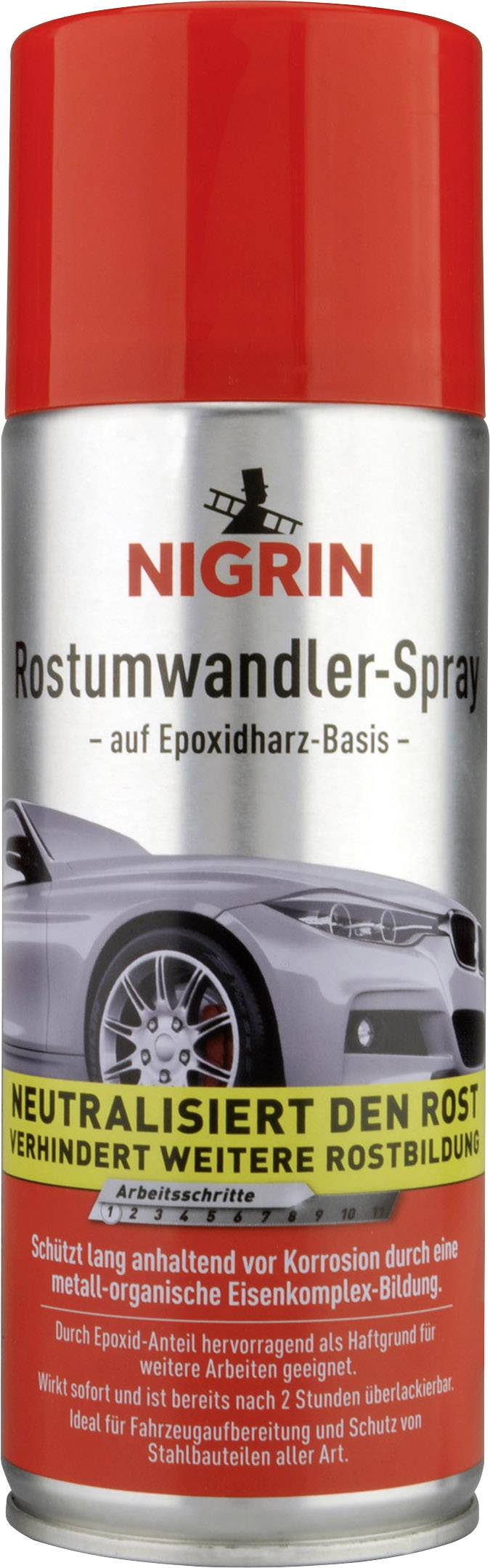 Spray do przekształcania rdzy Nigrin na bazie żywicy epoksydowej. Neutralizuje rdzę i chroni przed ponownym powstawaniem korozji. Na zdjęciu przedstawiono samochód.