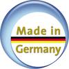 Okrągły niebieski przycisk z napisem 'Made in Germany' złotymi literami na białym tle, nad nim czarno-czerwono-złota linia.