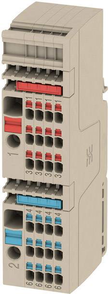 Blok listew zaciskowych z wieloma punktami przyłączeniowymi w kolorze czerwonym i niebieskim do połączeń elektrycznych, widok z przodu.