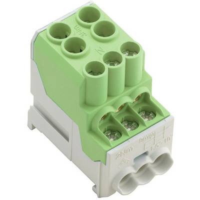 Zielony elektryczny złącze z sześcioma stykami, odpowiednie do połączeń kablowych w instalacjach elektrycznych.