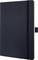 Czarny, w linie zeszyt z elastyczną gumką zamykającą i uchwytem na długopis z boku.