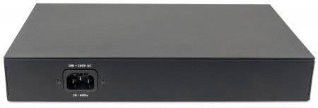 Czarny, prostokątny przyrząd sieciowy z gniazdem zasilania z tyłu. Oznaczone napięcie: '100-240V AC' oraz '50/60Hz'.