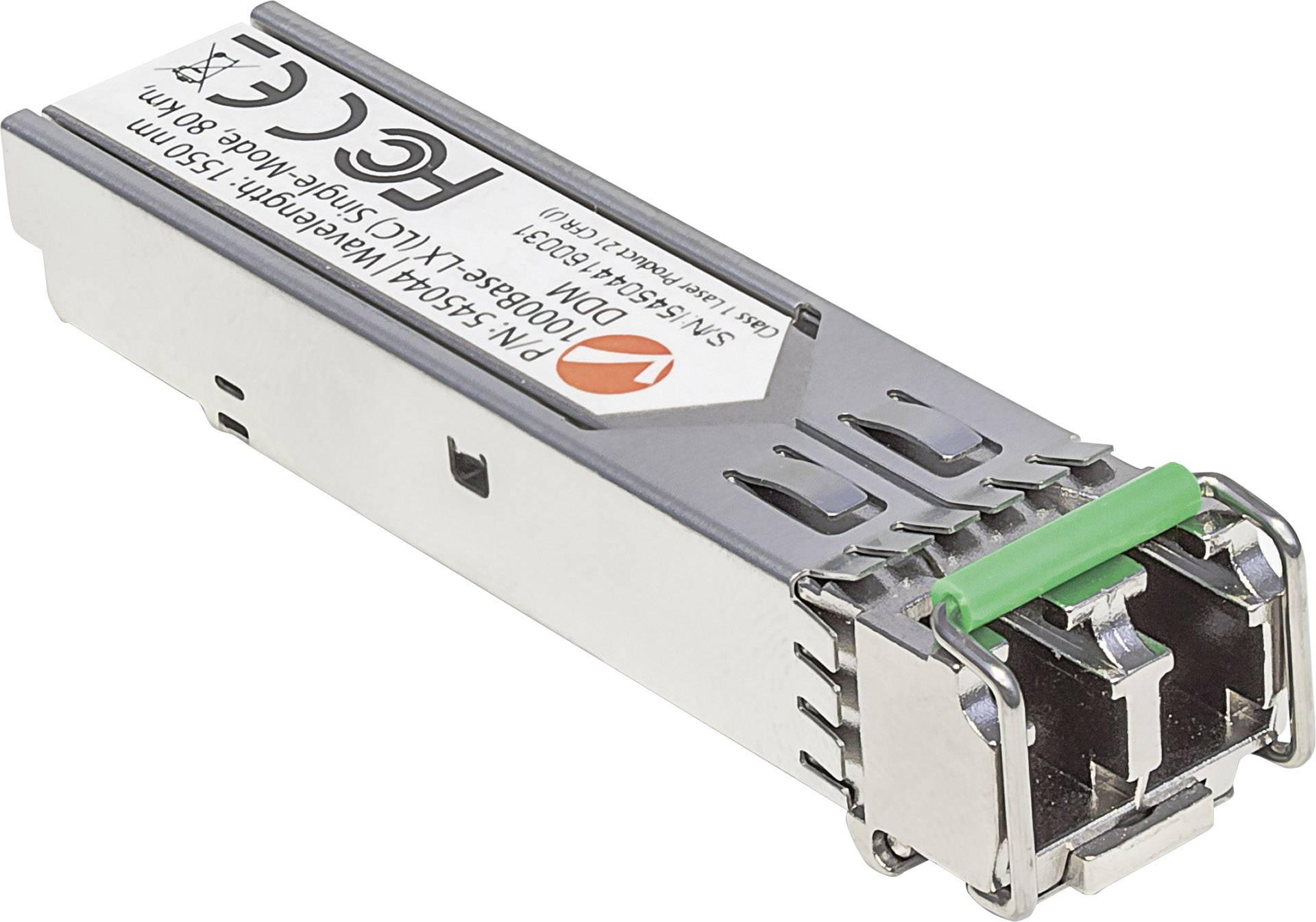 Moduł transceivera SFP do połączeń sieciowych, w kolorze szarym z zielonymi i metalowymi elementami, przedstawiający specyfikacje techniczne na górnej powierzchni.