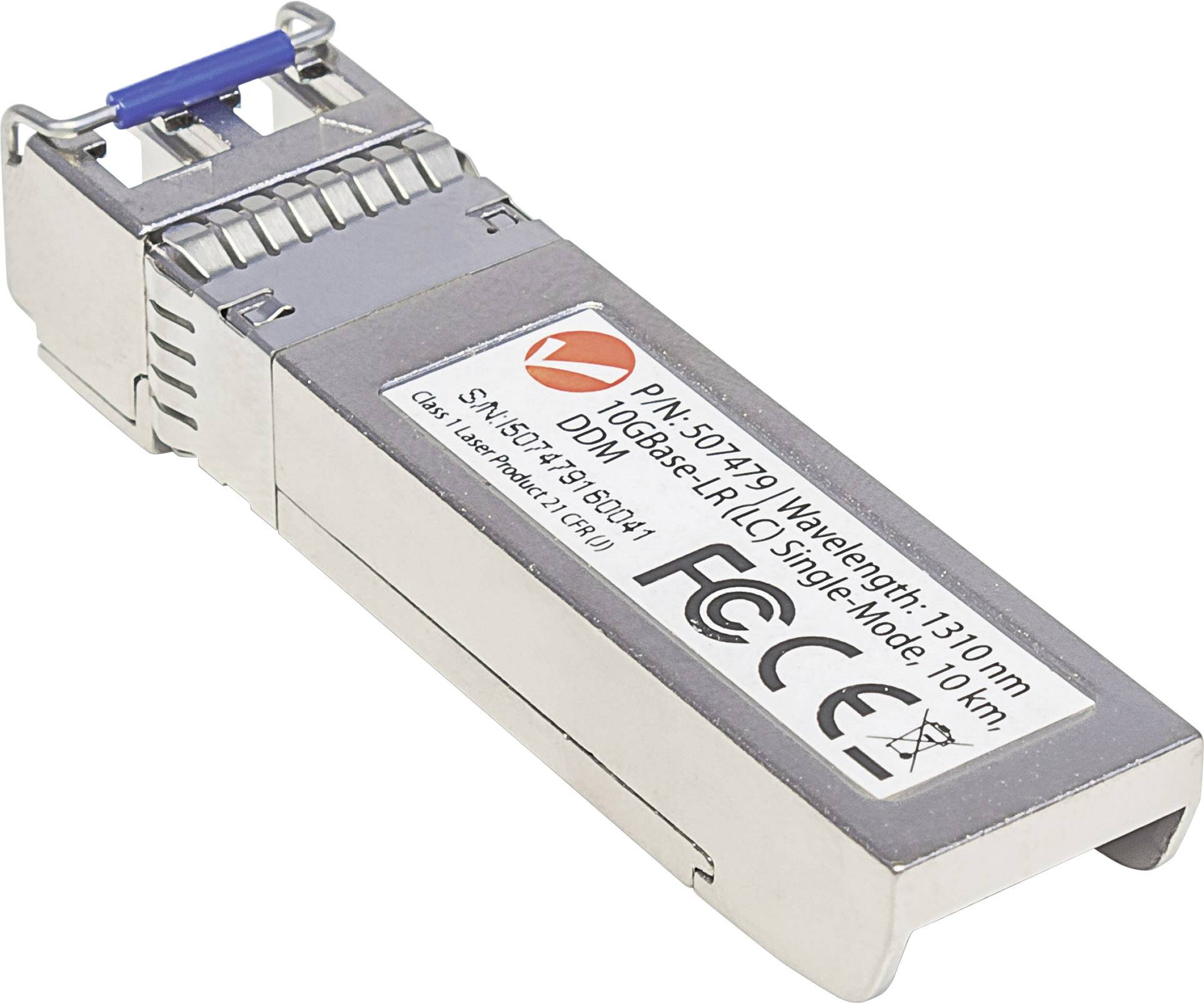 Srebrny transceiver SFP+ z etykietą, na której widnieją specyfikacje dotyczące długości fali 1310 nm oraz transmisji w trybie jednomodowym na dystans 10 km.