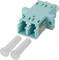 Złącze LC-Duplex światłowodowe z dwoma nasadkami ochronnymi, w kolorze turkusowym. Nadaje się do połączeń światłowodowych.