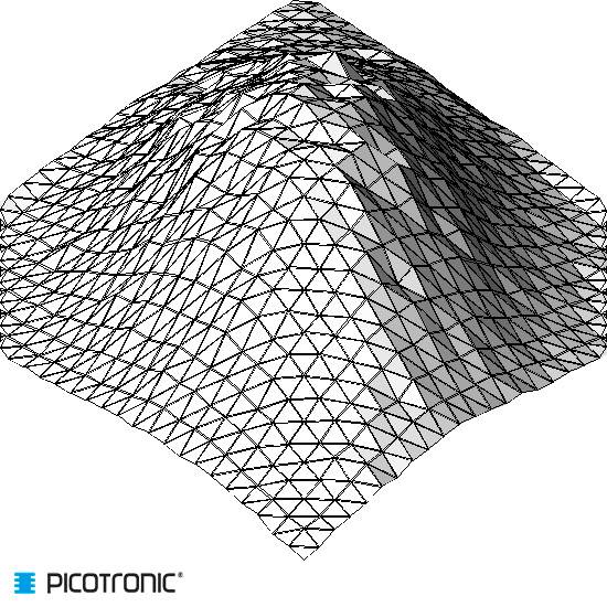 'Trójwymiarowe przedstawienie siatki drutu terenu przypominającego piramidę, z geometrycznymi kształtami. Logo Picotronic w lewym dolnym rogu.'