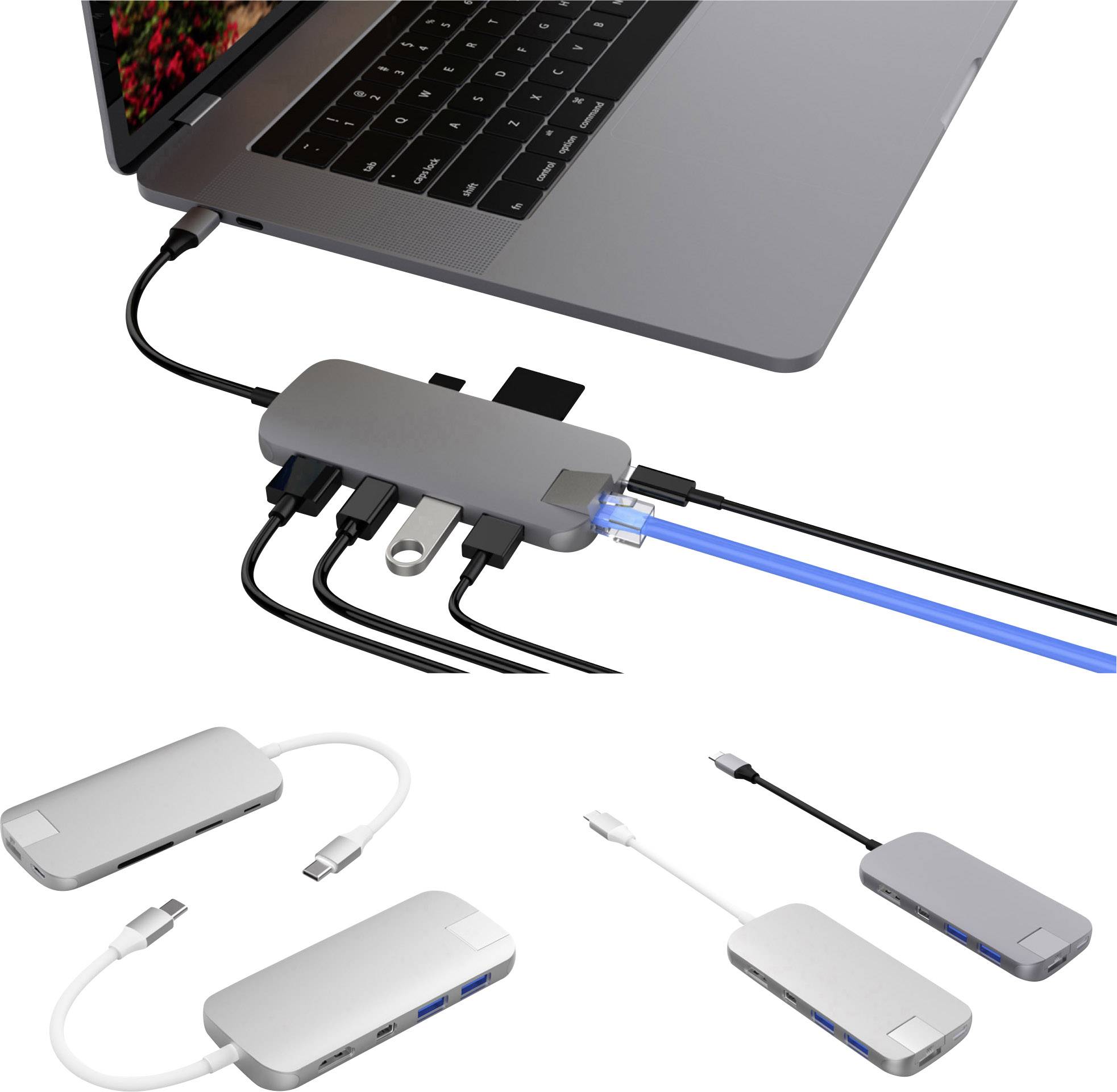 Laptop z podłączonym hubem USB-C; do którego podłączonych jest kilka urządzeń peryferyjnych, w tym kabel HDMI i urządzenia USB.