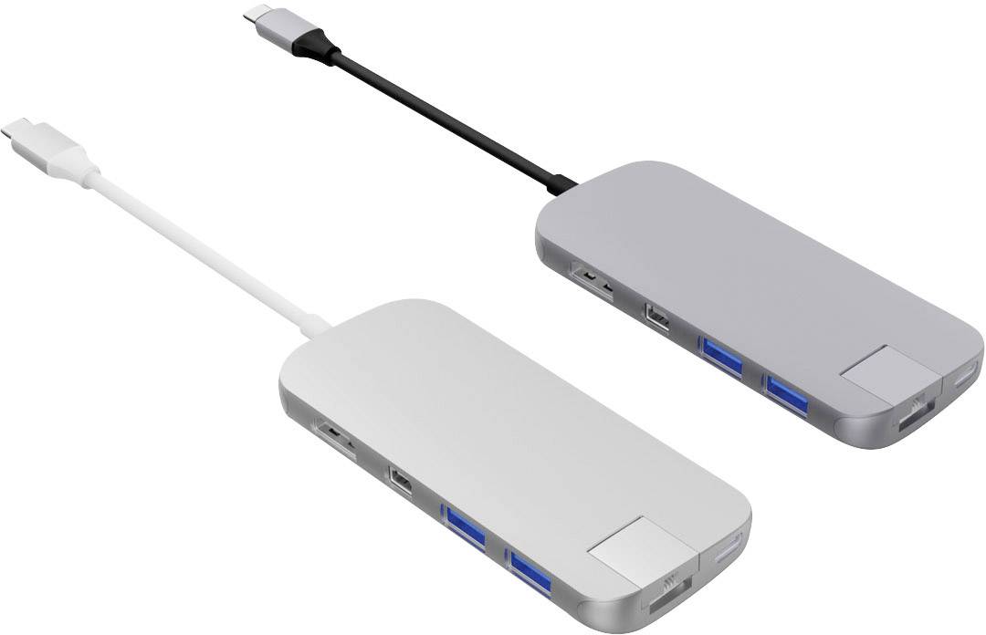 Dwa huby USB-C w kolorach szarym i białym z wieloma portami, w tym USB, HDMI i czytnikiem kart.