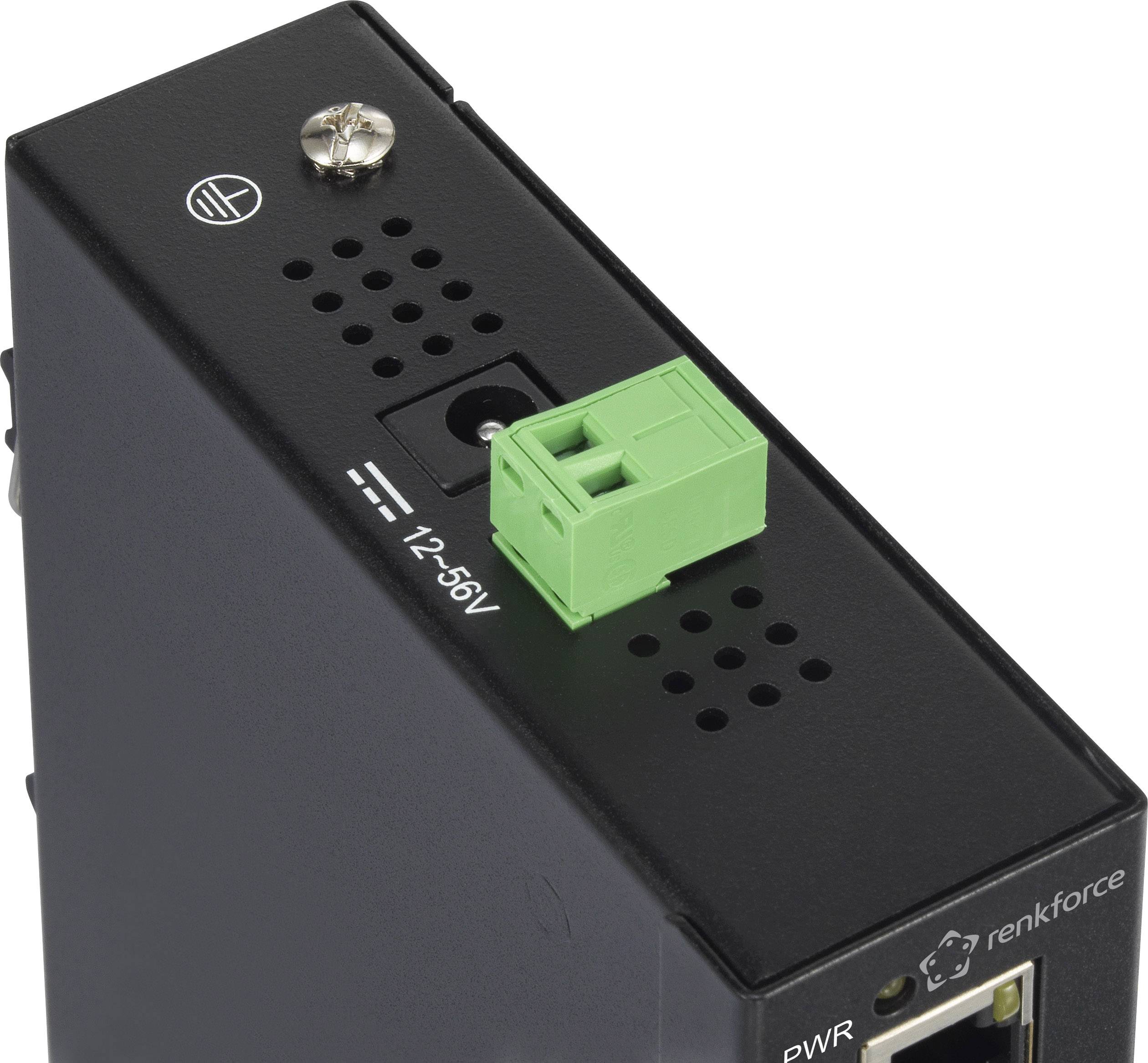 Czarne urządzenie elektroniczne z zielonym blokiem przyłączeniowym na górze, oznaczone napisem '12-56V'. Widoczny jest mały otwór oraz śruba regulacyjna.