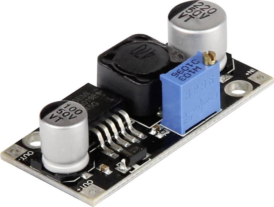 Elektroniczny moduł z niebieskim śrubowym potencjometrem, dwoma srebrnymi kondensatorami i czarną cewką indukcyjną, stosowany w obwodach elektrycznych.