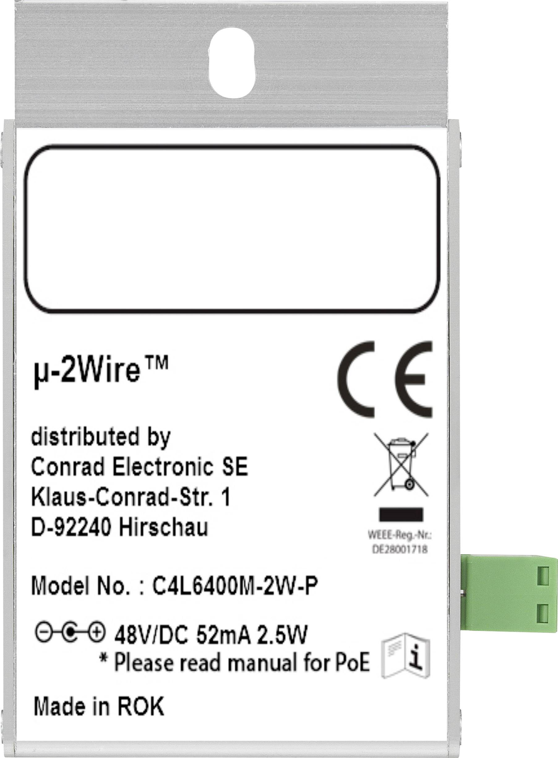 Elektroniczne urządzenie z napisem 'μ-2Wire', o numerze modelu C4L6400M-2W-P, dystrybuowane przez Conrad Electronic SE.