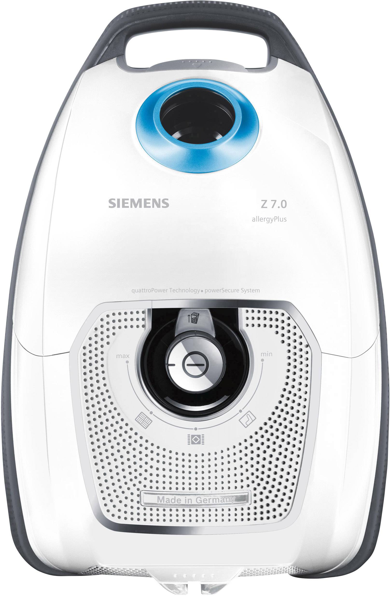 Biały odkurzacz marki Siemens, model Z 7.0 allergyPlus, z niebieskimi akcentami i napisem 'Made in Germany'.