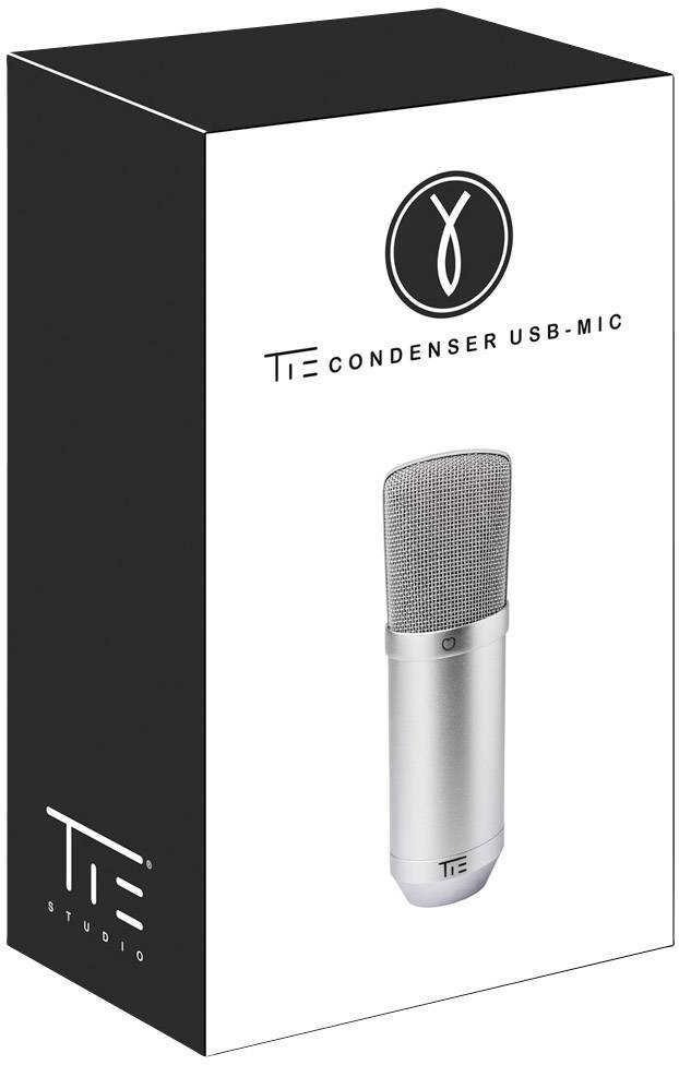 Opakowanie srebrnego mikrofonu pojemnościowego USB firmy TIE Studio, widoczne od przodu. Nazwa marki i ilustracja mikrofonu są wyraźnie widoczne.