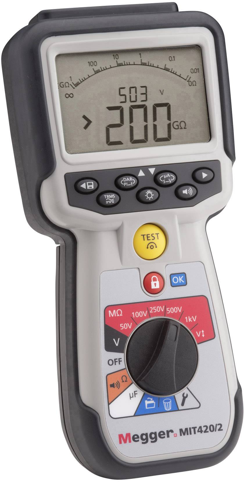 Cyfrowy miernik izolacji z wyświetlaczem pokazuje '200 MΩ' przy '503 V'. Posiada kolorowe przyciski do różnych ustawień i funkcji.