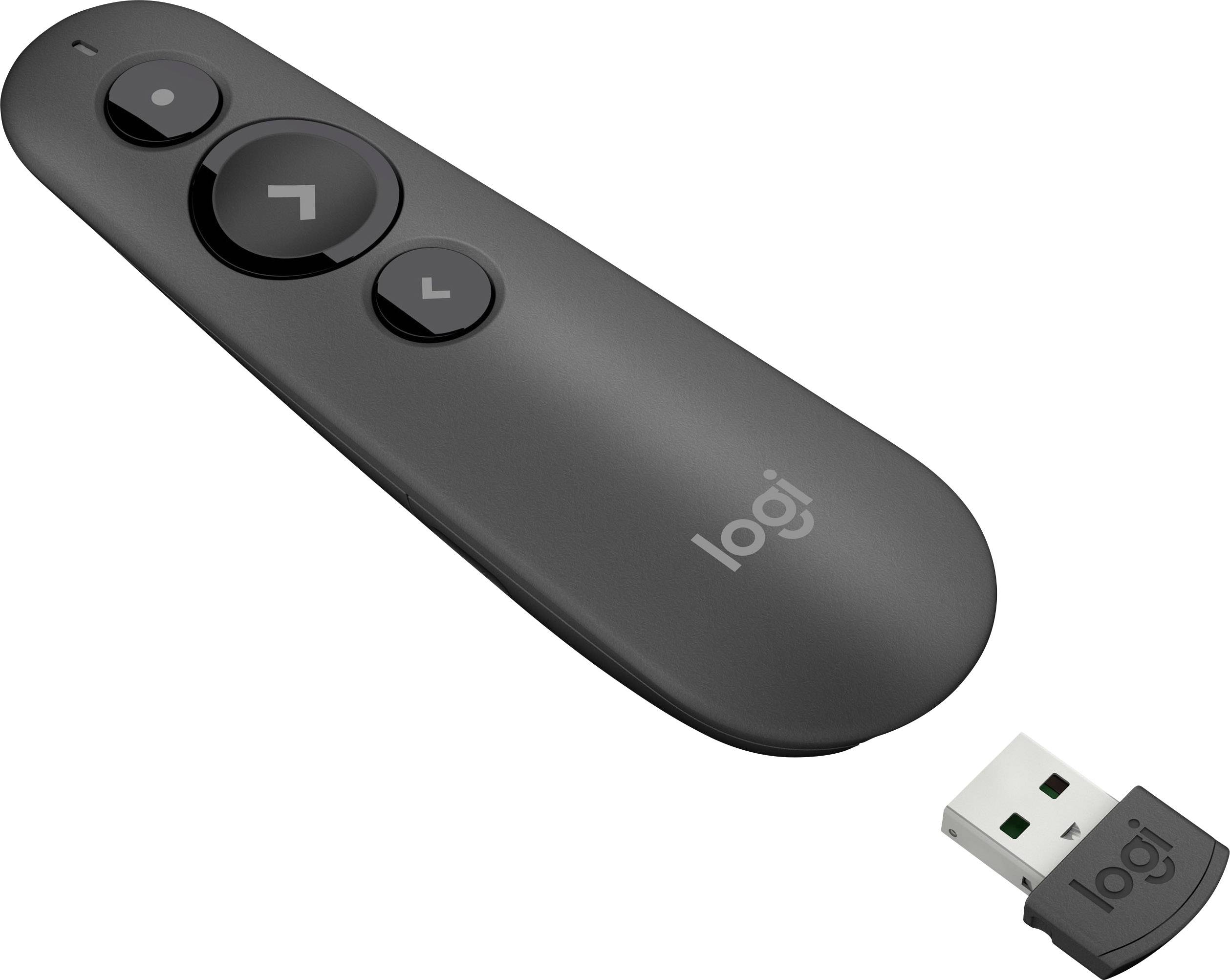 Pilot zdalnego sterowania do prezentacji firmy Logitech w kolorze czarnym z odbiornikiem USB, przeznaczony do przewijania slajdów i sterowania prezentacją.