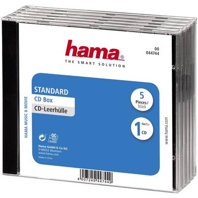 Pudełko na płyty CD firmy Hama, model Standard, 5 sztuk w opakowaniu, przeznaczone do przechowywania płyt CD. Przezroczyste z niebieskim oznakowaniem.