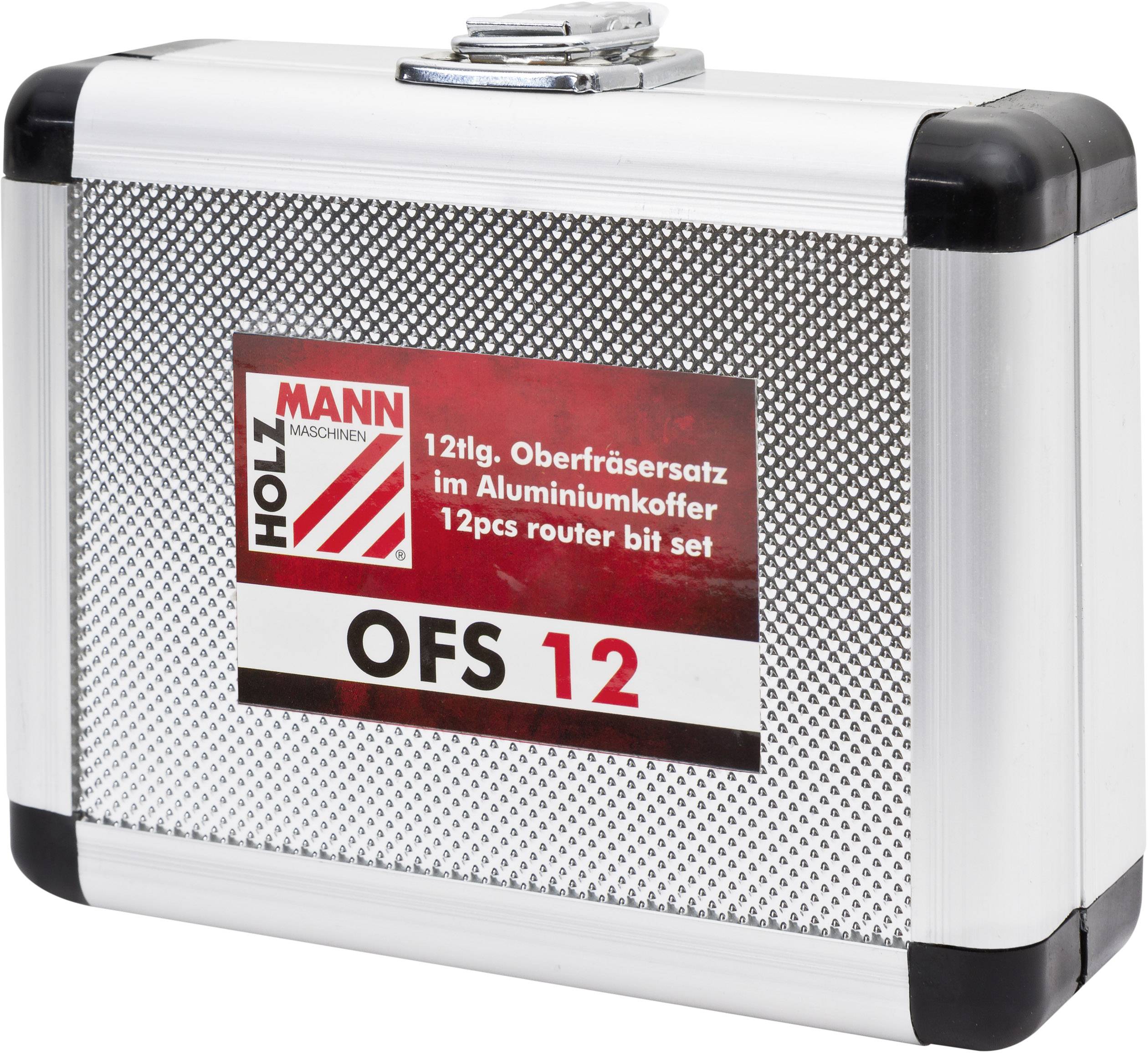 Aluminiowa walizka z napisem 'HOLZMANN MASCHINEN', zawierająca 12-elementowy zestaw frezów.