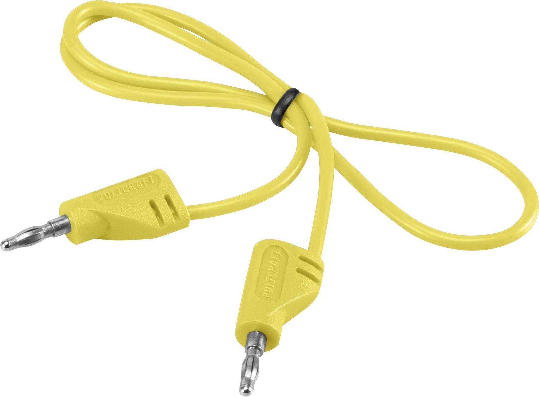 Żółty kabel krokodylkowy z dwoma metalowymi końcówkami, połączony gumowym pierścieniem pośrodku.