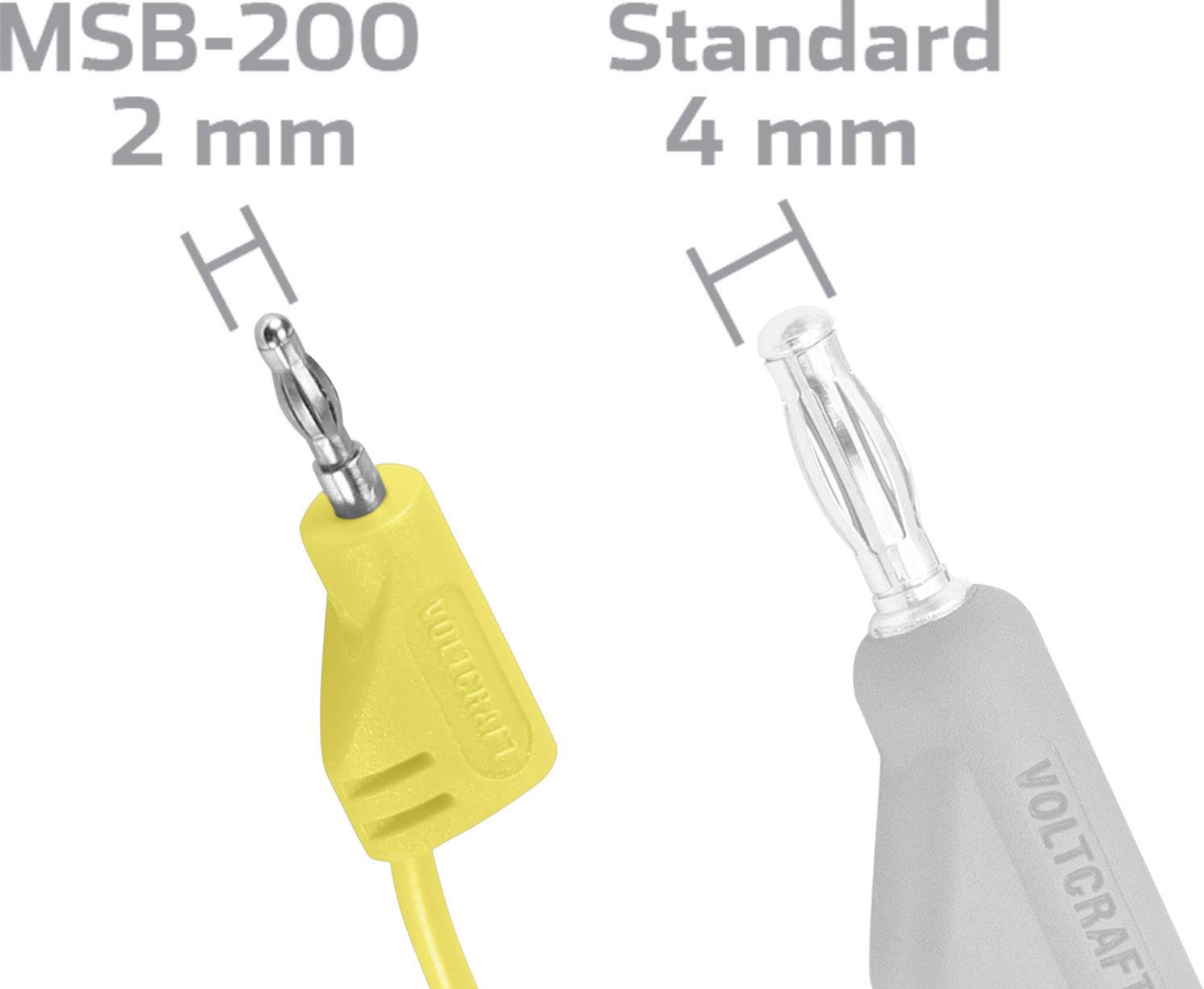 Porównanie przedstawia dwa złącza: po lewej stronie MSB-200 o średnicy 2 mm, po prawej stronie złącze standardowe o średnicy 4 mm. Żółte oznaczenie przewodu VOLTCRAFT.