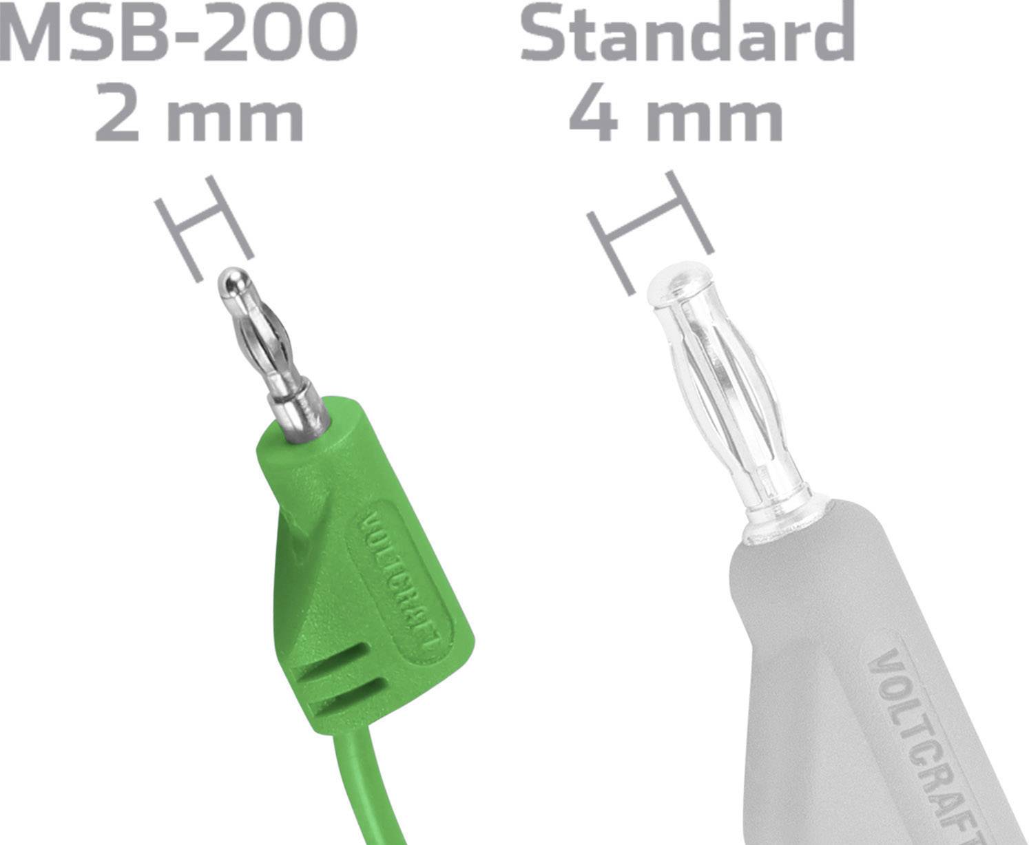 Wtyczki bananowe 'MSB-200 2 mm' i 'Standard 4 mm' w porównaniu. MSB-200 jest mniejszy i połączony z zielonym przewodem.