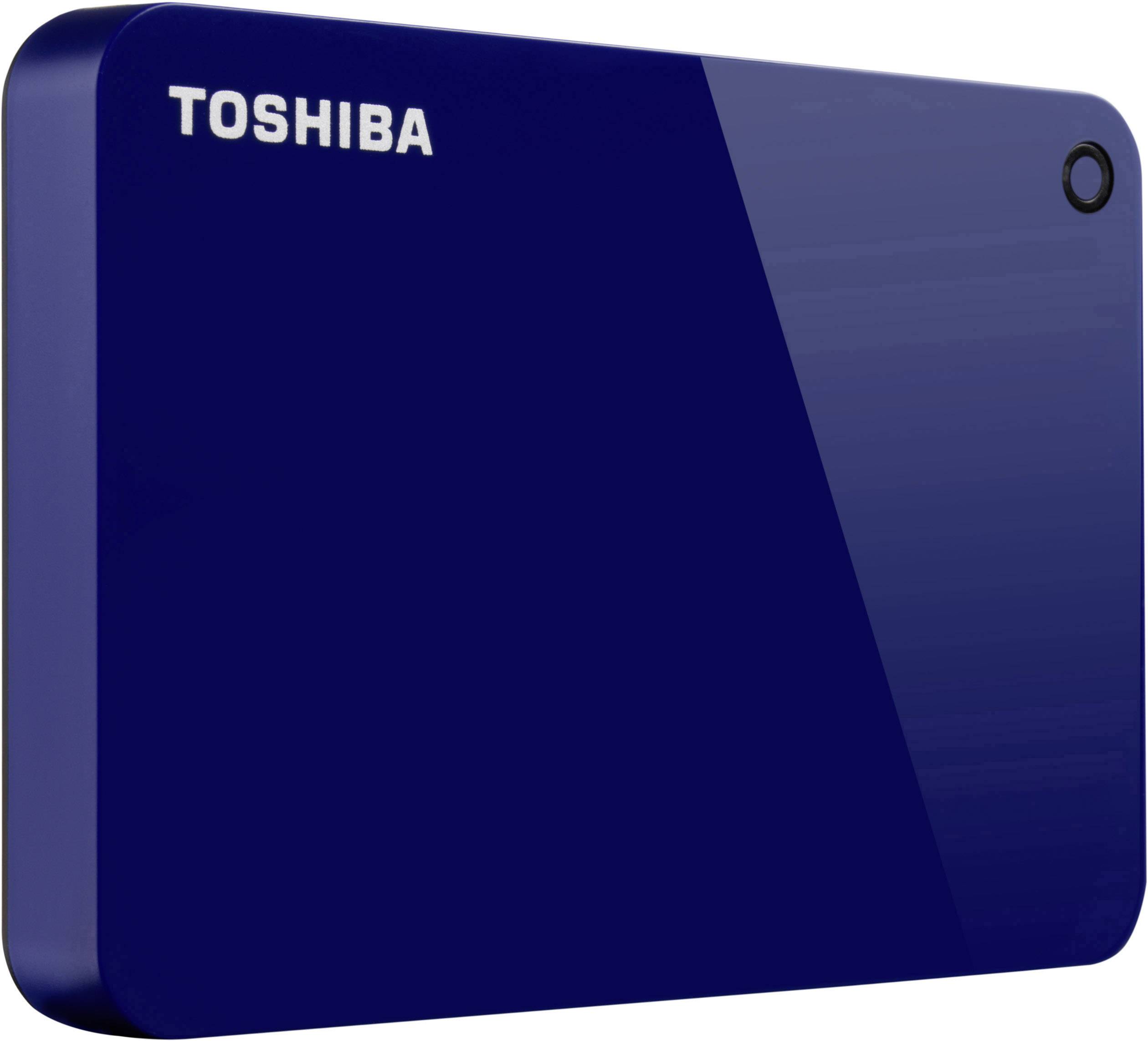 Niebieski zewnętrzny dysk twardy Toshiba, pokazany pod skosem w perspektywie.