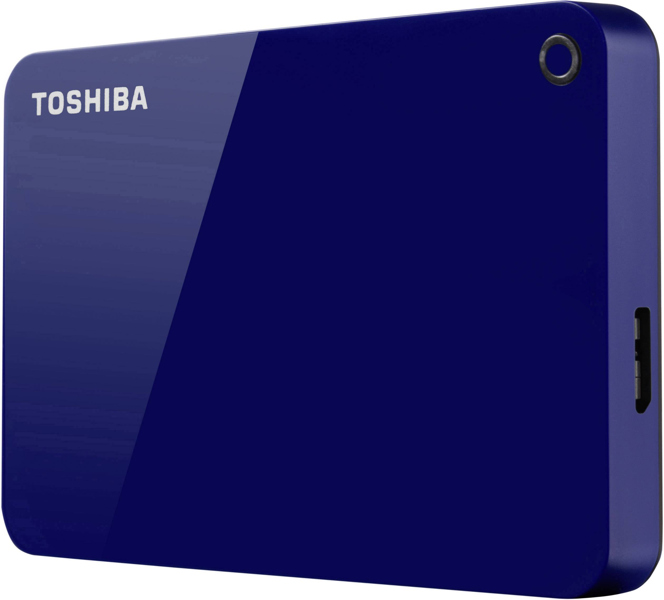 Zewnętrzny niebieski dysk twardy Toshiba z interfejsem USB.