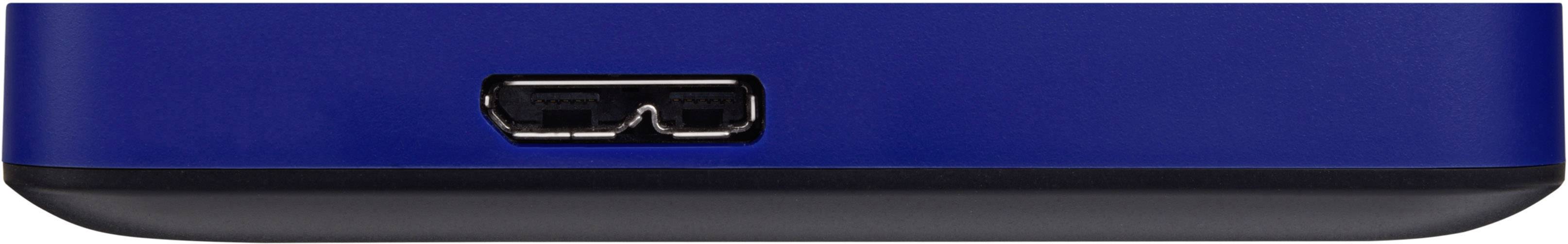 Zbliżenie niebieskiej obudowy zewnętrznego dysku twardego z pojedynczym złączem USB z przodu.