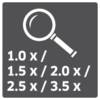 Ikona lupy z opisami '1,0x / 1,5x / 2,0x / 2,5x / 3,5x', wskazująca możliwe poziomy powiększenia.