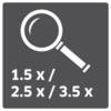 Symbol powiększenia przedstawiony przez lupę, z numerami '1,5 x / 2,5 x / 3,5 x' poniżej.