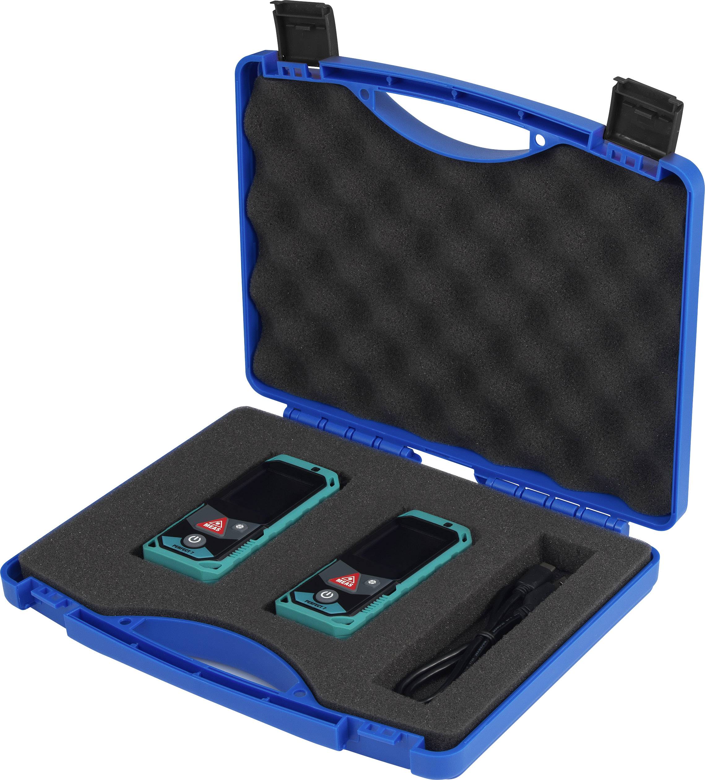 Niebieska walizka z wkładką z pianki zawiera dwa cyfrowe przyrządy pomiarowe i kabel, gotowe do użycia lub przechowywania.
