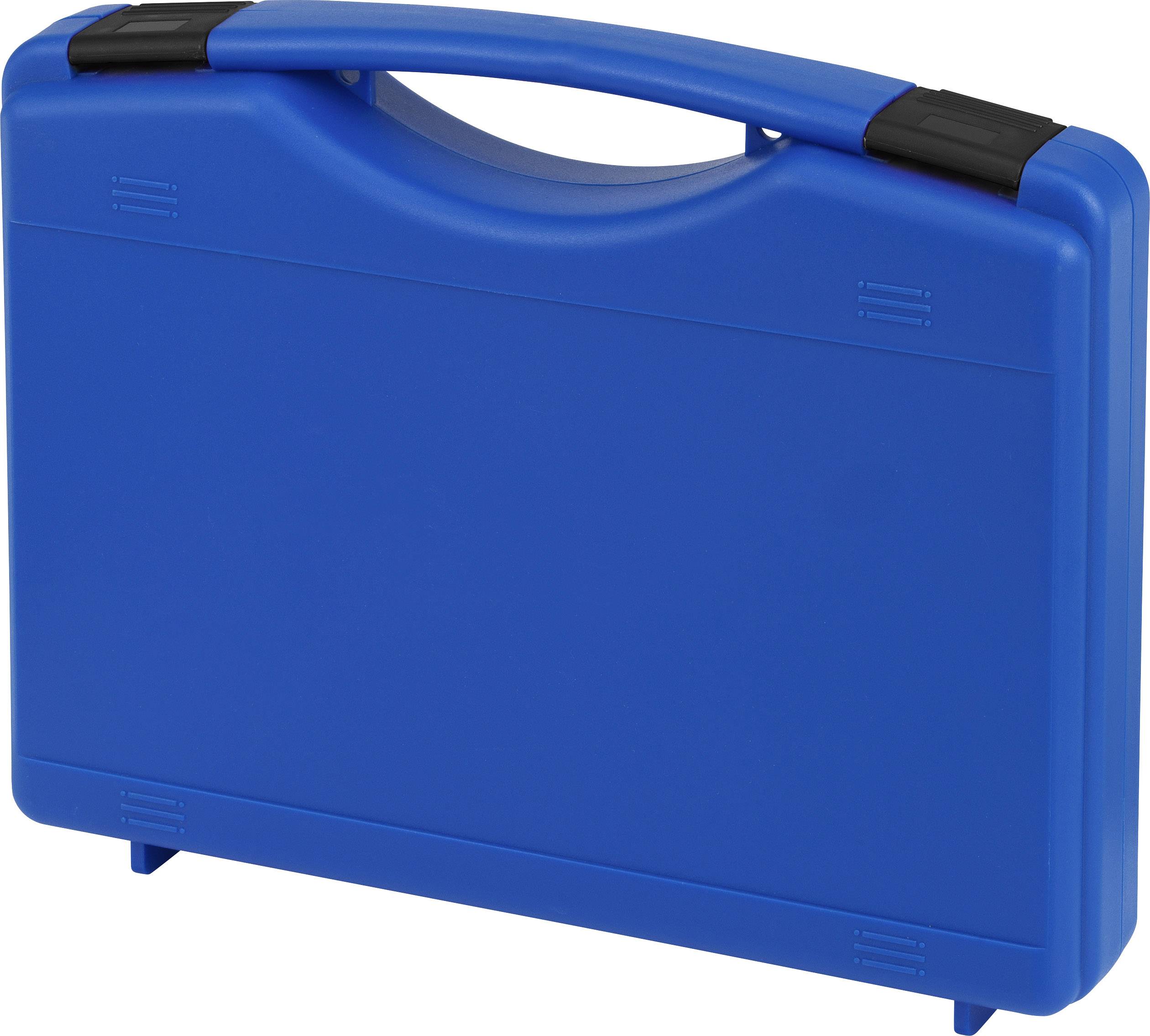 Niebieski plastikowy kufer z uchwytem, w pozycji zamkniętej. Posiada czarne zamki na górze i stoi na małych nóżkach.