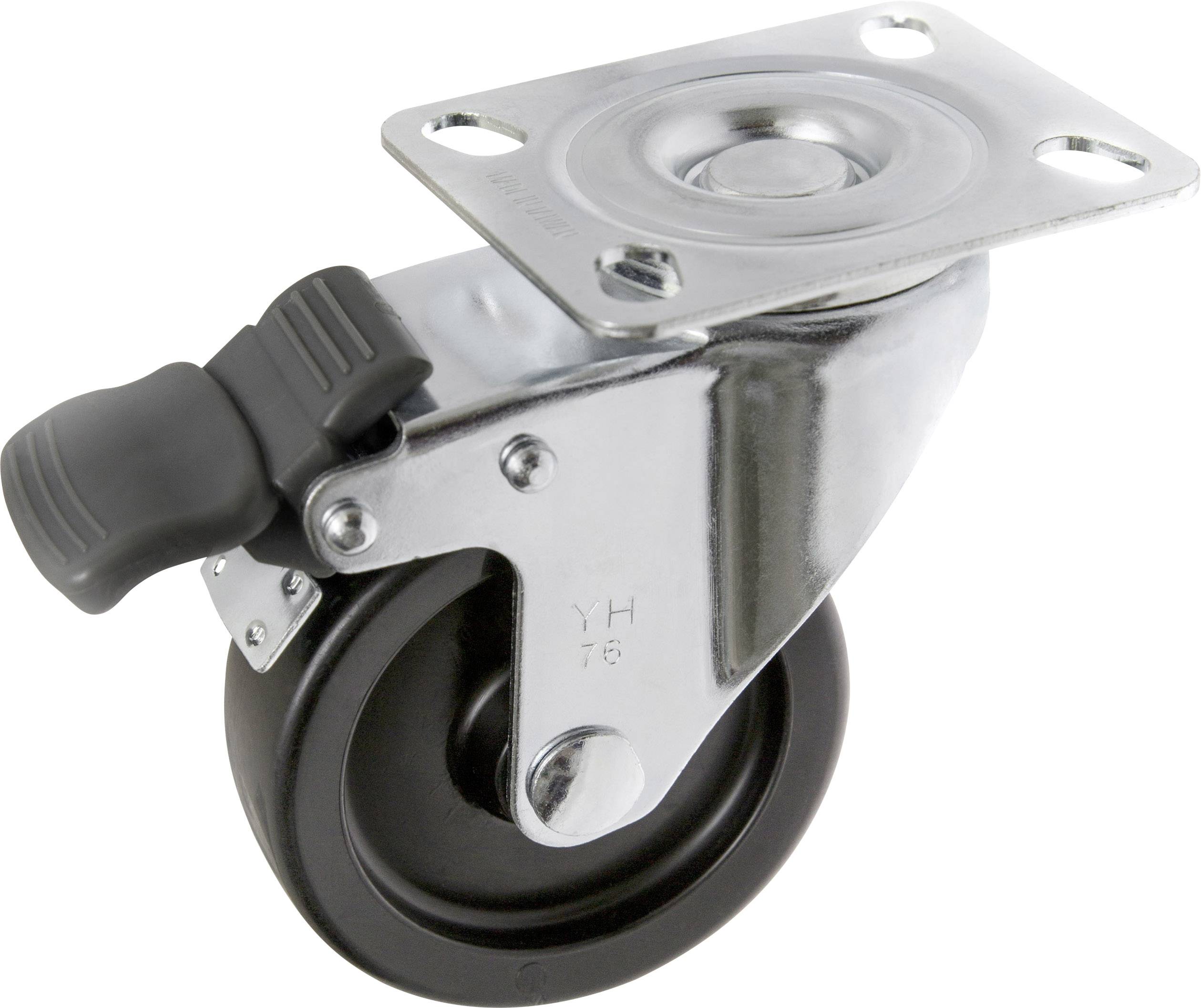Obrotowe kółko meblowe z czarnym kołem gumowym i metalowym uchwytem, wyposażone w hamulec postojowy z boku. Odpowiednie do łatwego przemieszczania mebli.
