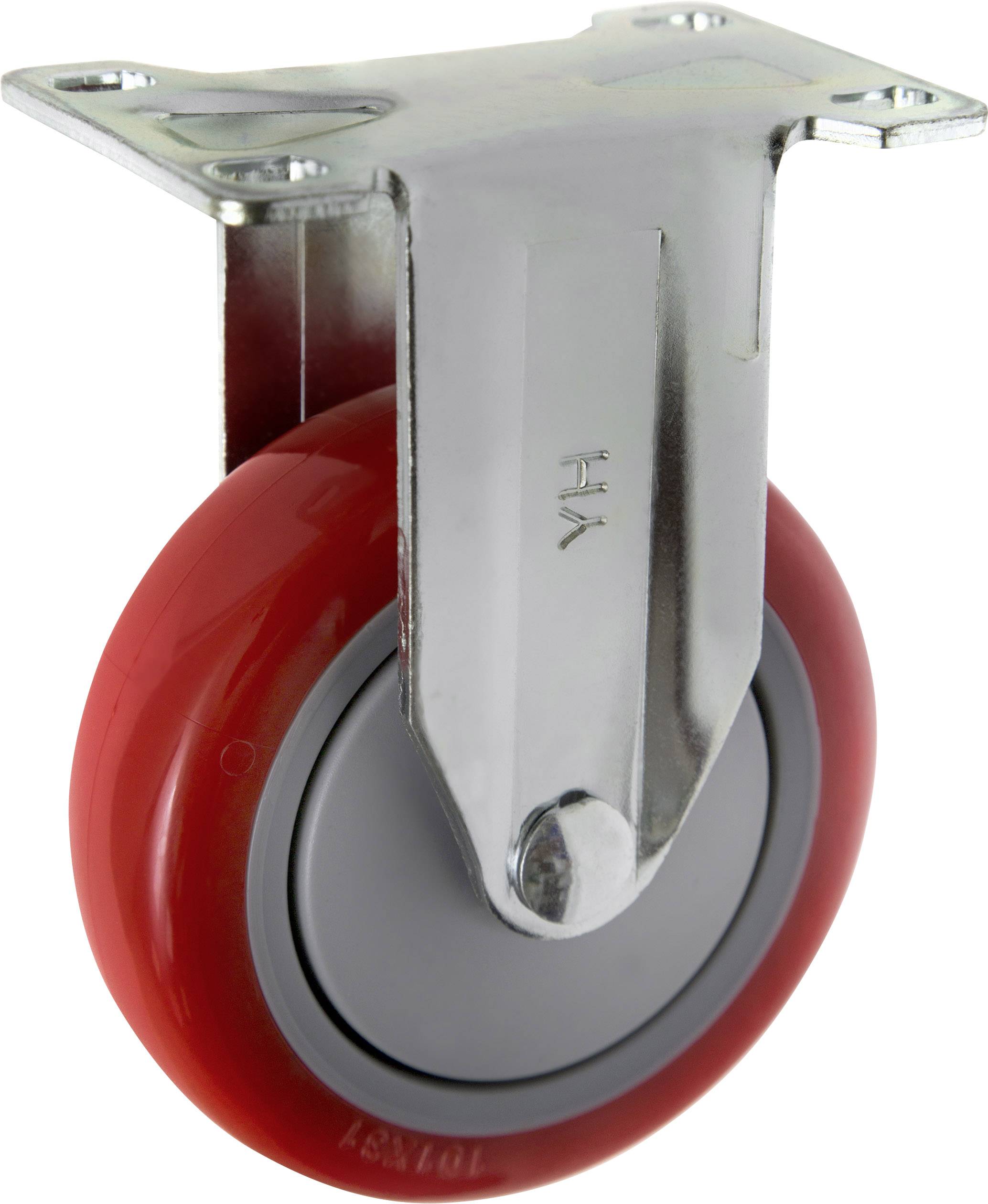 Czerwone kółko jezdne z srebrnym mocowaniem, często stosowane w meblach lub wózkach transportowych, ułatwia przemieszczanie się po gładkich powierzchniach.