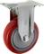 Czerwone kółko jezdne z srebrnym mocowaniem, często stosowane w meblach lub wózkach transportowych, ułatwia przemieszczanie się po gładkich powierzchniach.