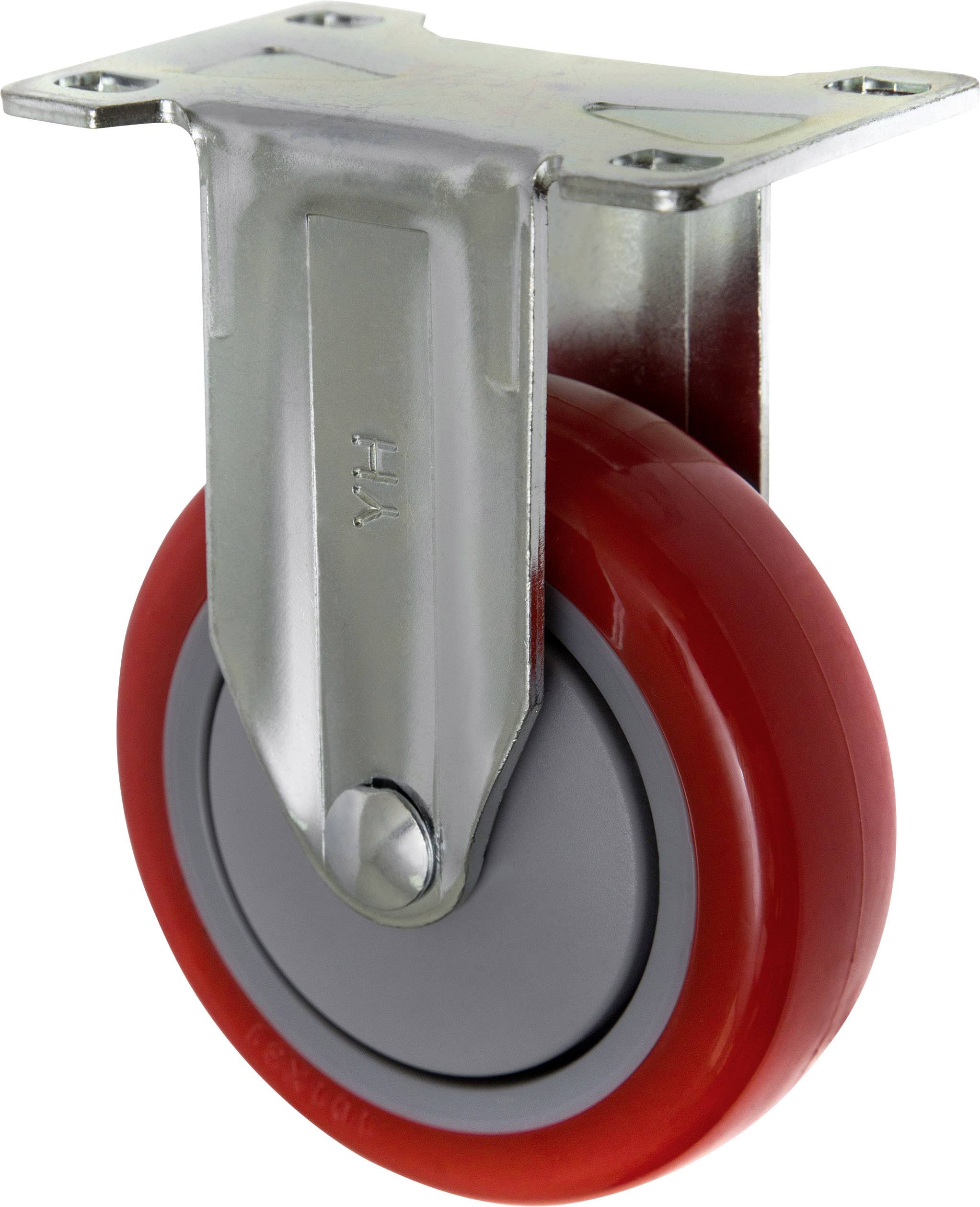 Czerwone koło z szarą felgą i metalowym mocowaniem, odpowiednie do mebli lub urządzeń.
