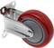 Czerwone koło jezdne z szarym środkiem, zamontowane na metalowym uchwycie. Odpowiednie do mebli lub wózków transportowych.