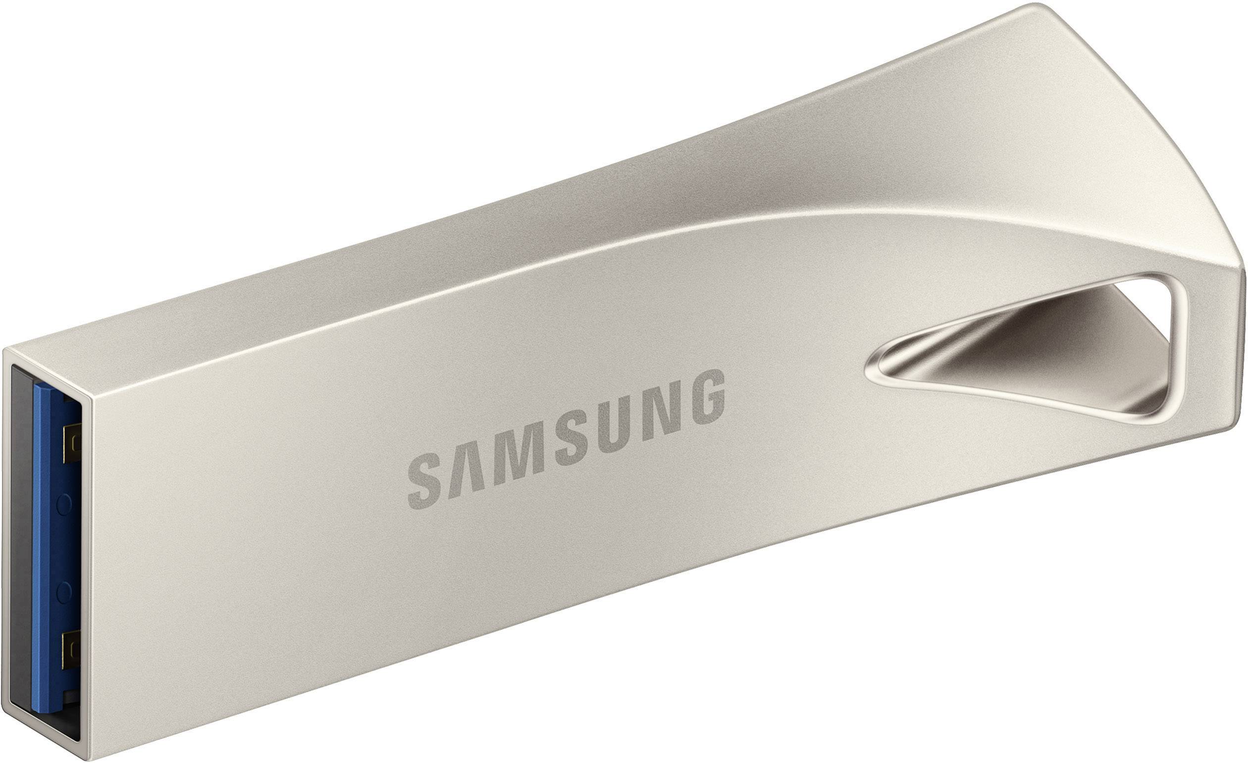 Pendrive Samsunga z metalową obudową i niebieskim złączem USB-A.